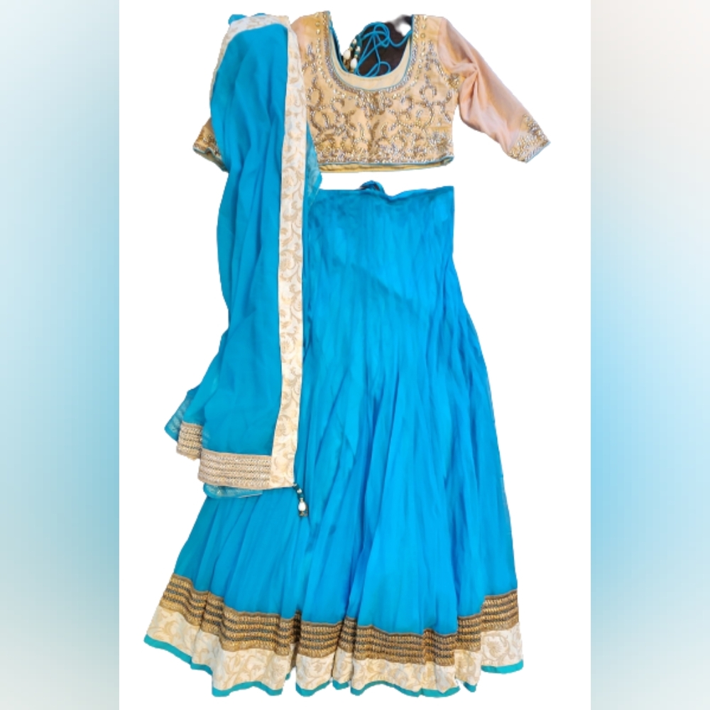 Teal Blue and Gold Lehenga